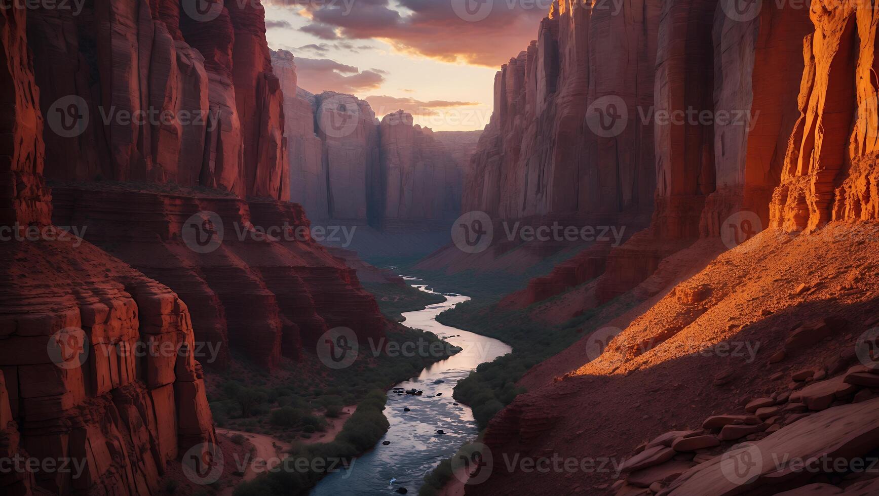 River Flows Through the Red Rock Canyon at Sunset photo