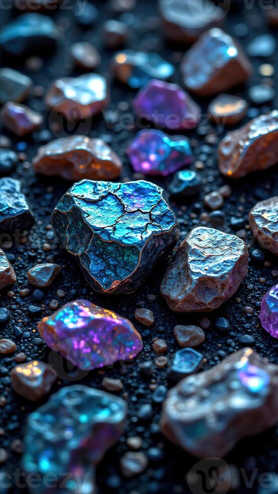 Colorful Natural Stones with Iridescent Surface Patterns on Ground photo