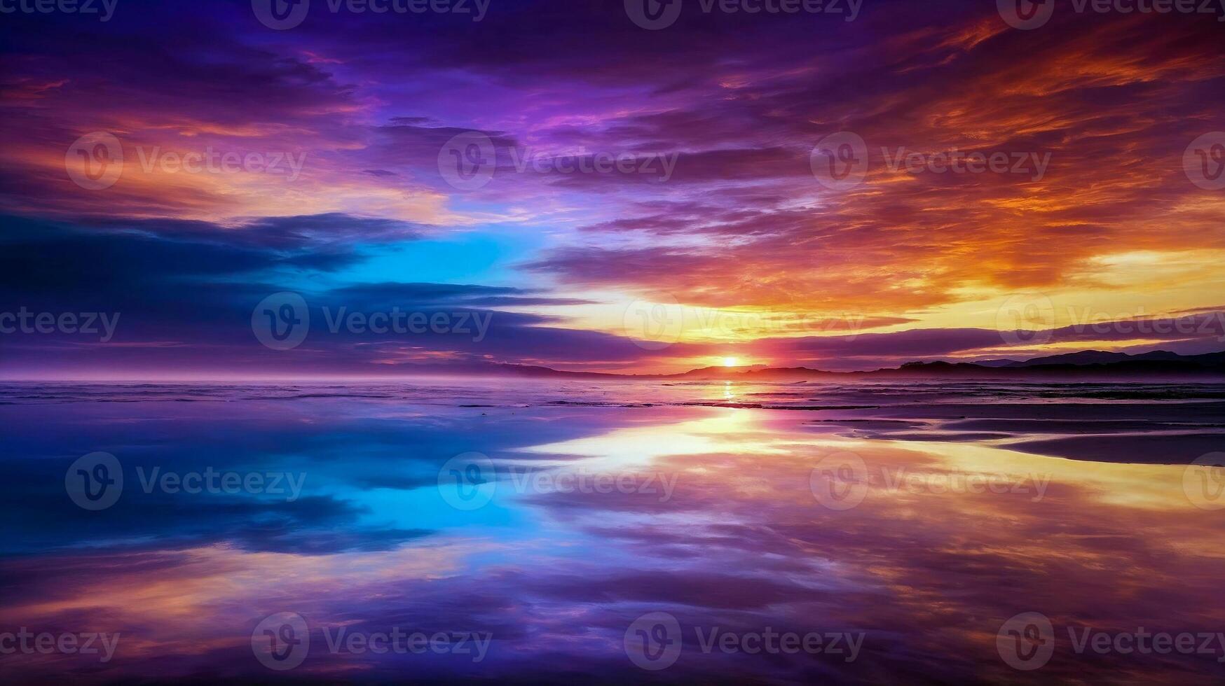 A colorful sunset over the ocean with clouds reflected in the water photo