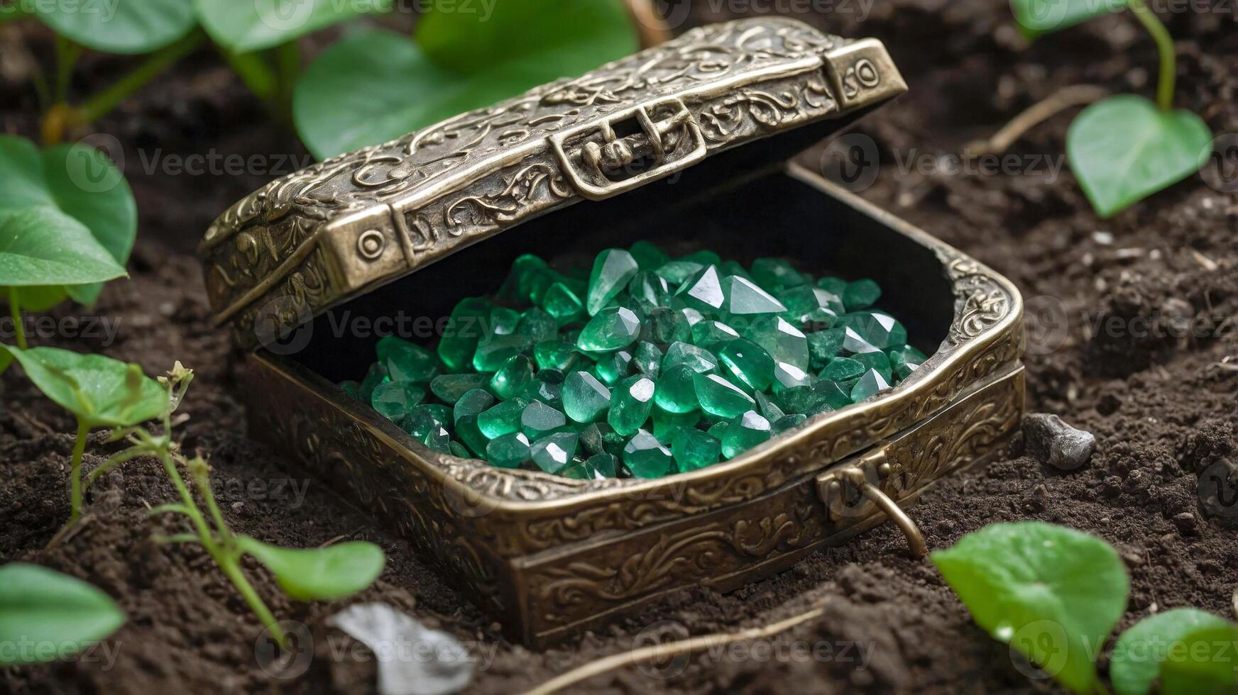 A treasure chest filled with green crystals photo