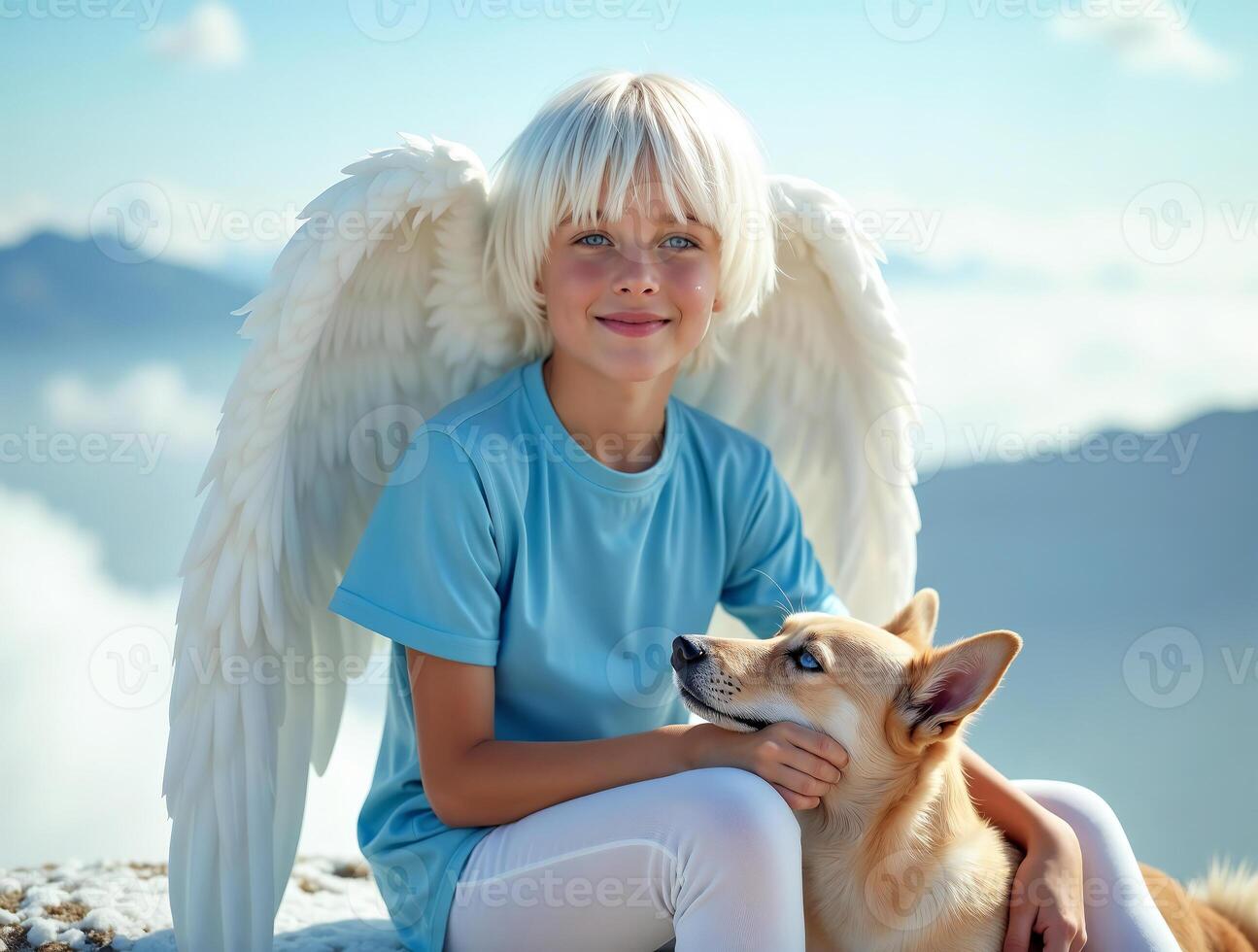 A young girl with angel wings sitting on a mountain with her dog photo