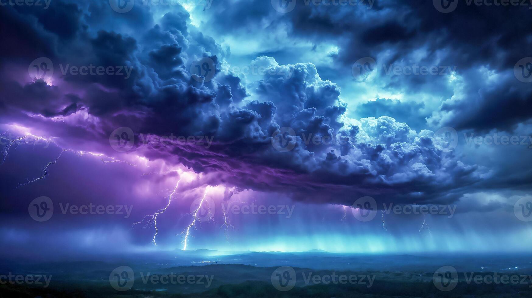 Stormy blue-purple clouds with lightning over a raging sea. photo