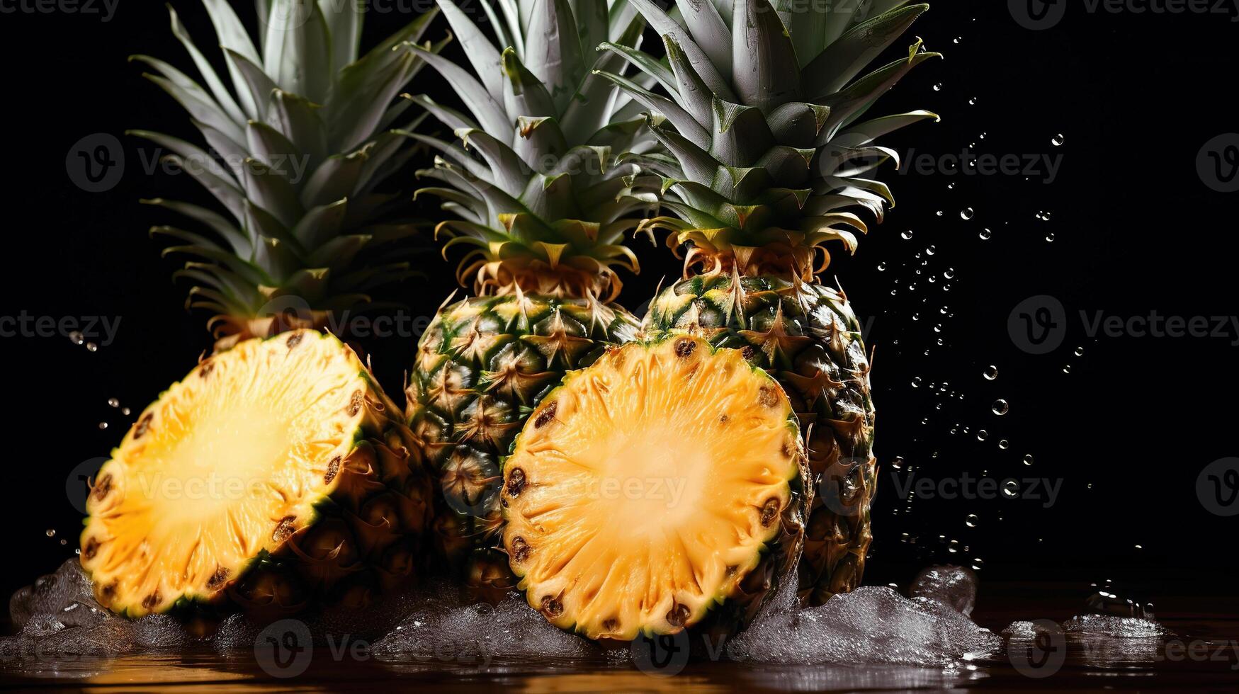 Fresh Pineapples Sliced and Whole with Bubbles on Dark Background photo
