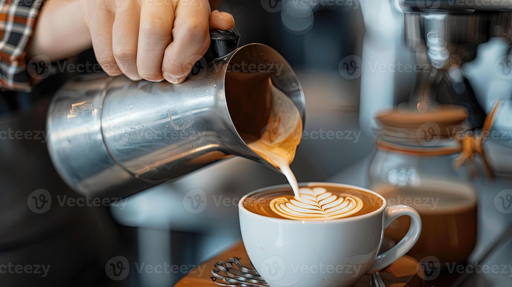Barista Creating Art with Milk Foam in Coffee Cup with Pouring Technique photo