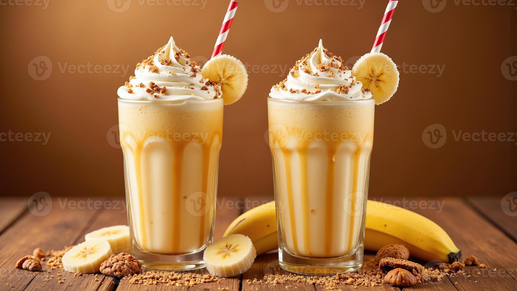 Delicious Banana Milkshake with Whipped Cream and Nuts on Table photo