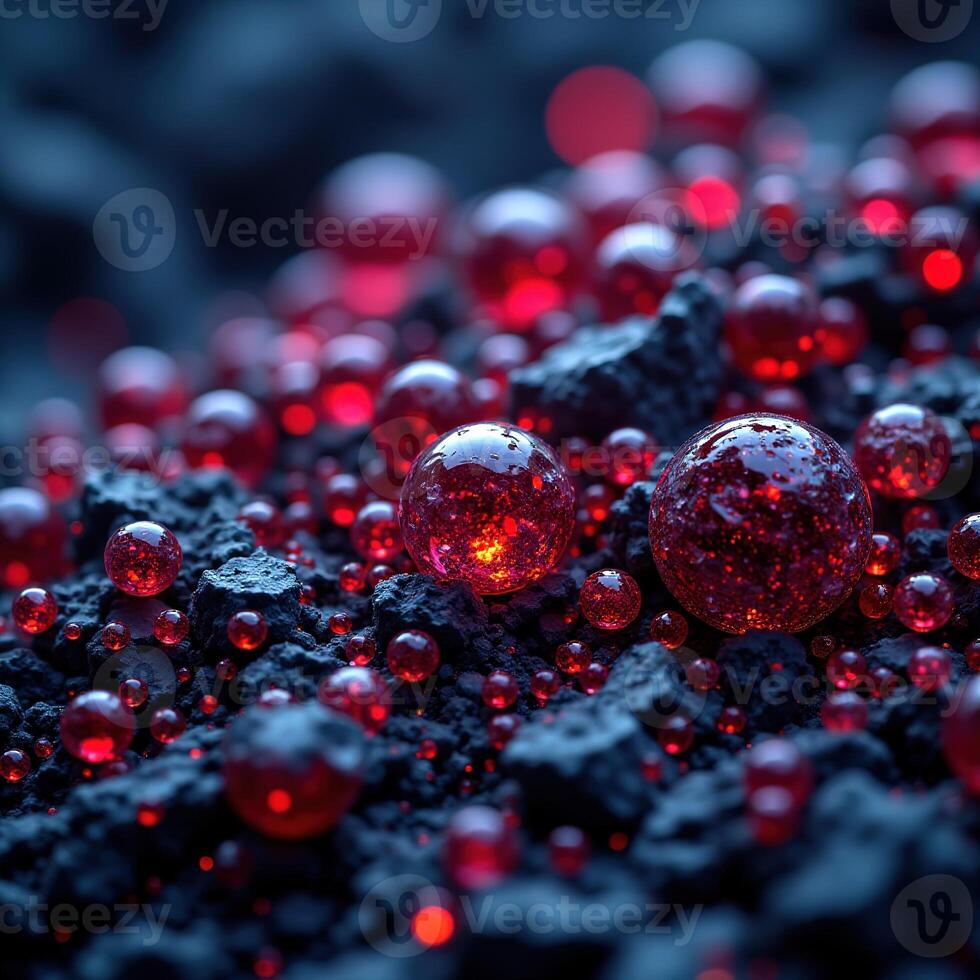 Red Glittering Spheres on Dark Surface with Textured Background photo