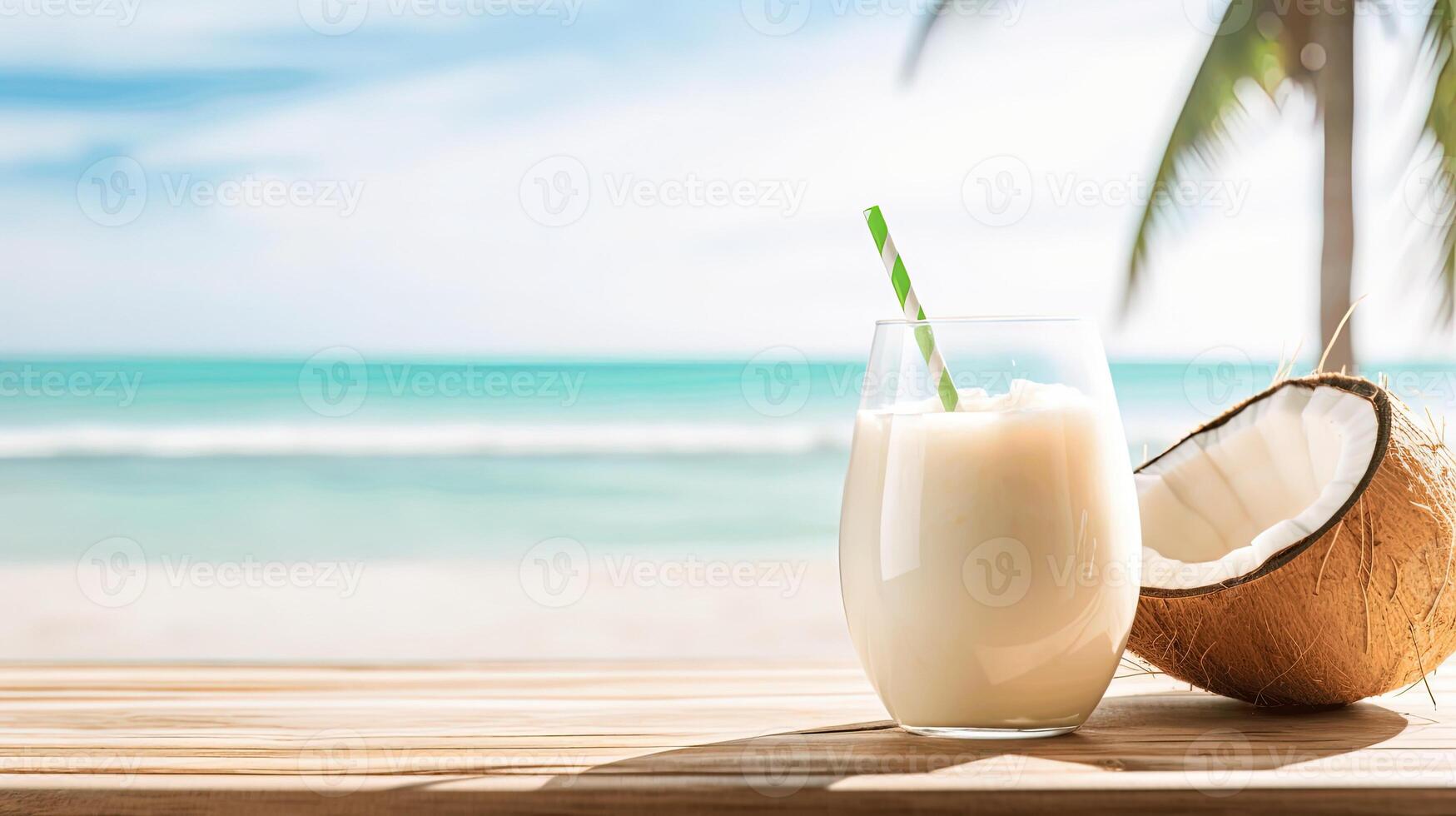 Refreshing Coconut Drink on a Beach with Ocean View and Palm Tree photo