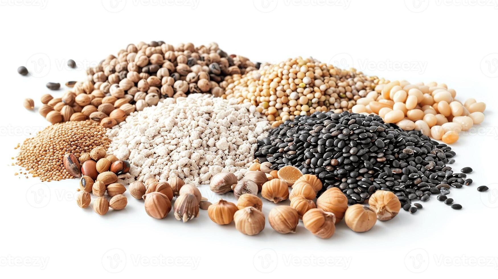 Assorted Raw Seeds and Grains on White Background for Culinary Use photo
