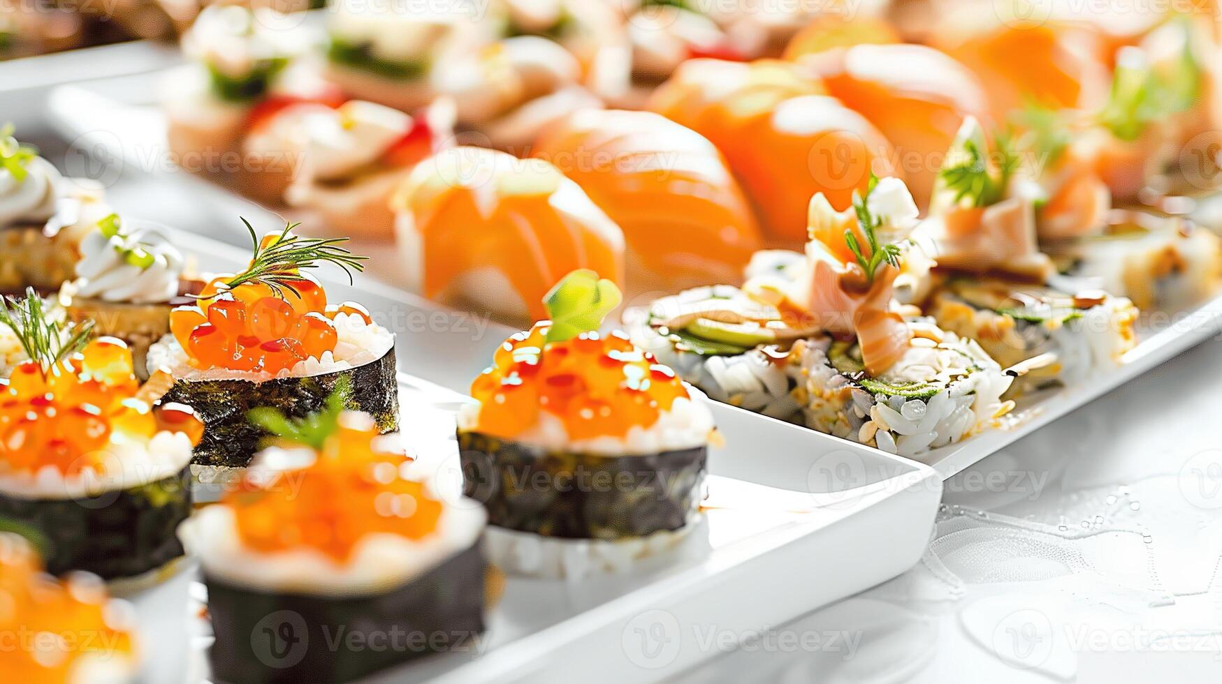 Elegant Sushi Display with Assorted Varieties and Fresh Ingredients photo