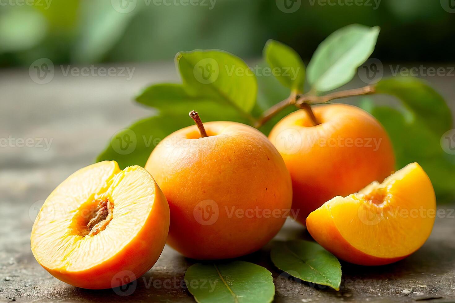 Fresh Peaches and Slices with Green Leaves on Rustic Surface photo