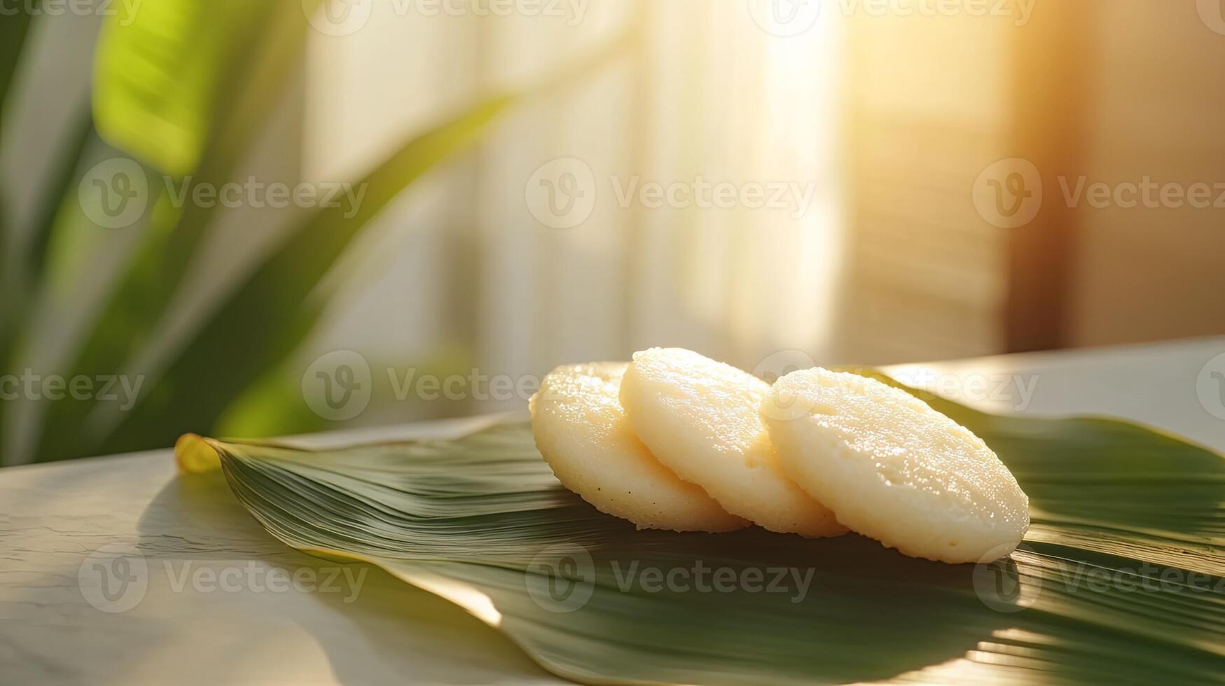 Idli on Banana Leaf in Soft Daylight with Space for Text photo