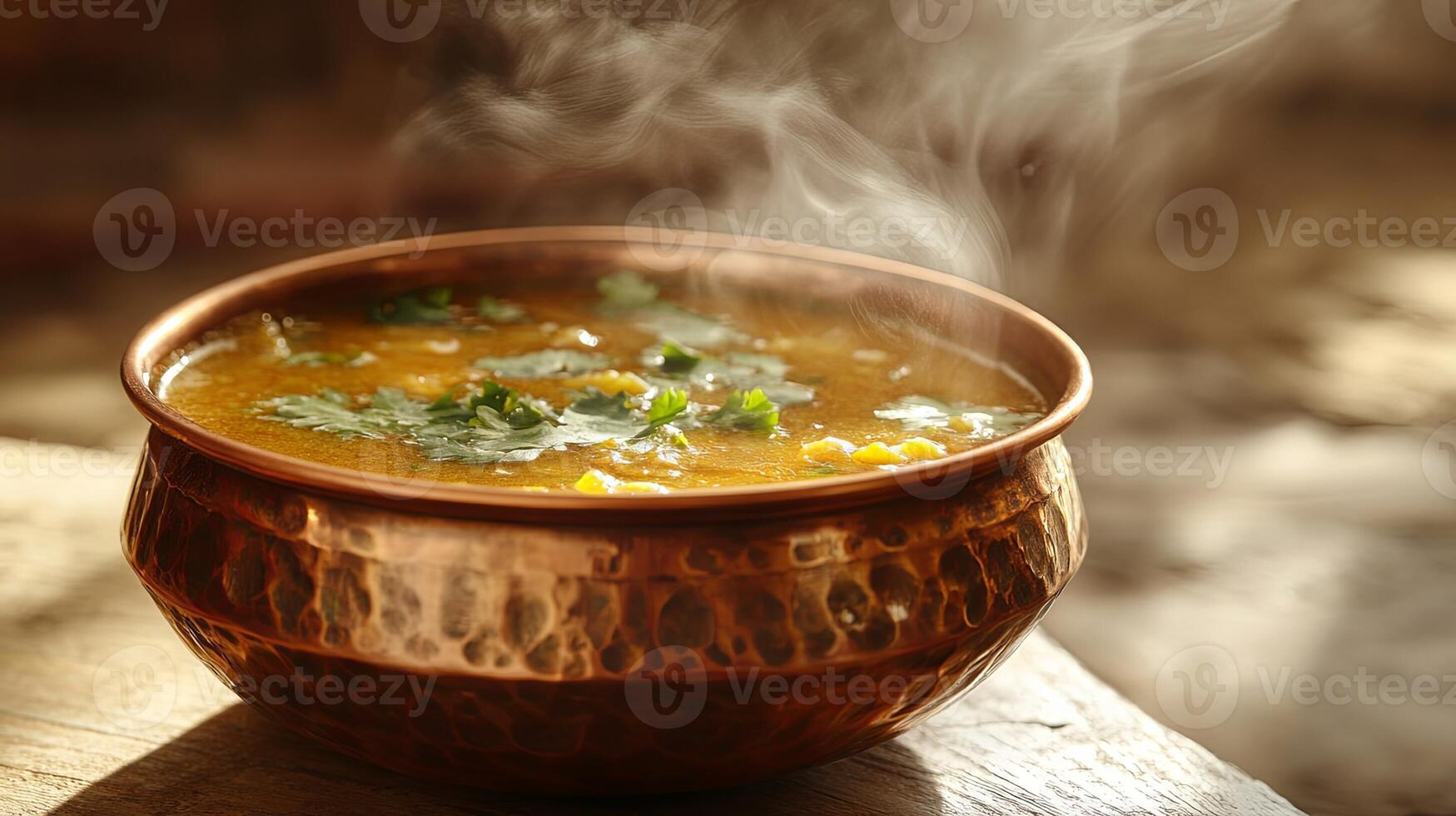 Steaming Sambar in Traditional Copper Bowl with Warm Lighting photo