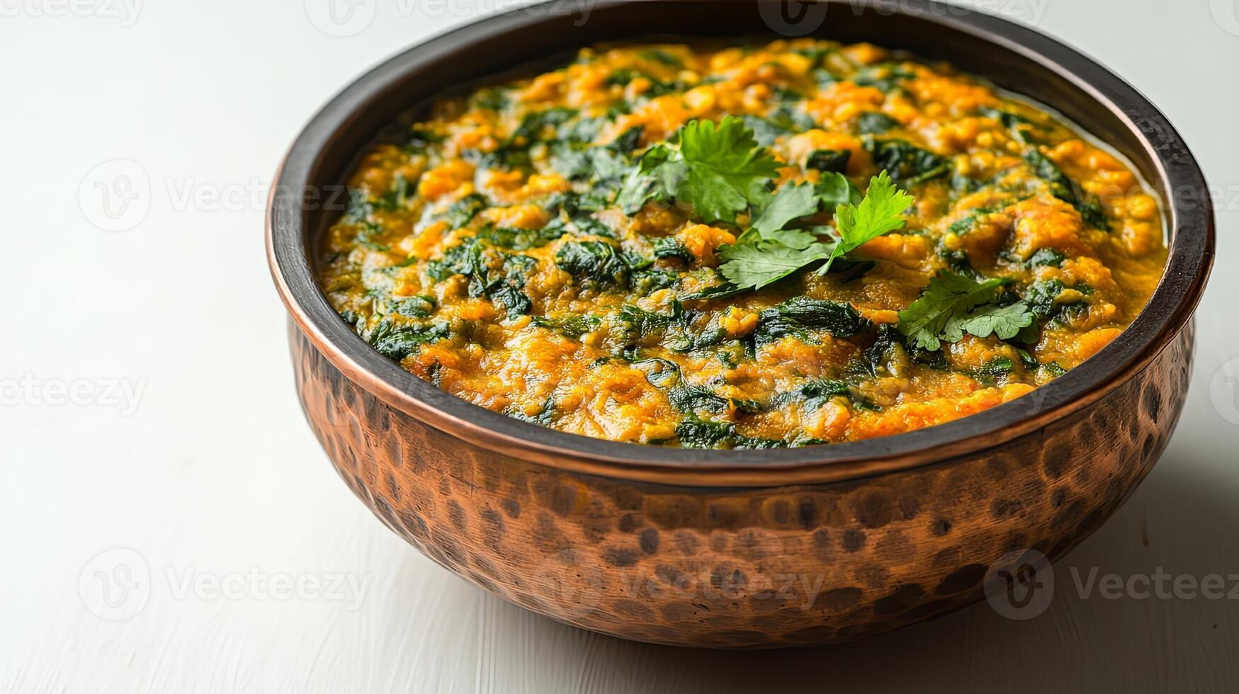 A bowl of spinach and rice with a sprig of cilantro photo