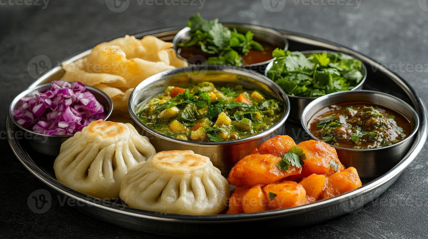 Delicious Thali with Veg Momos and Assorted Dishes in Soft Daylight photo