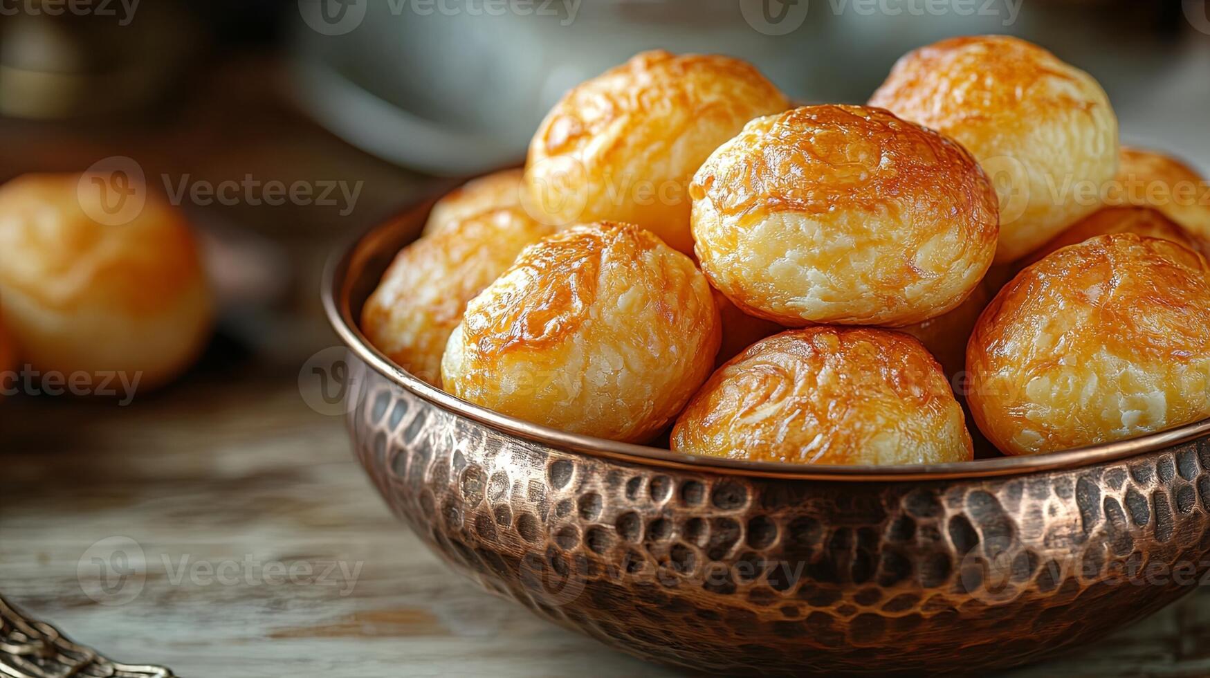 Traditional Copper Bowl with Baked Potatoes on Light Wood Surface photo