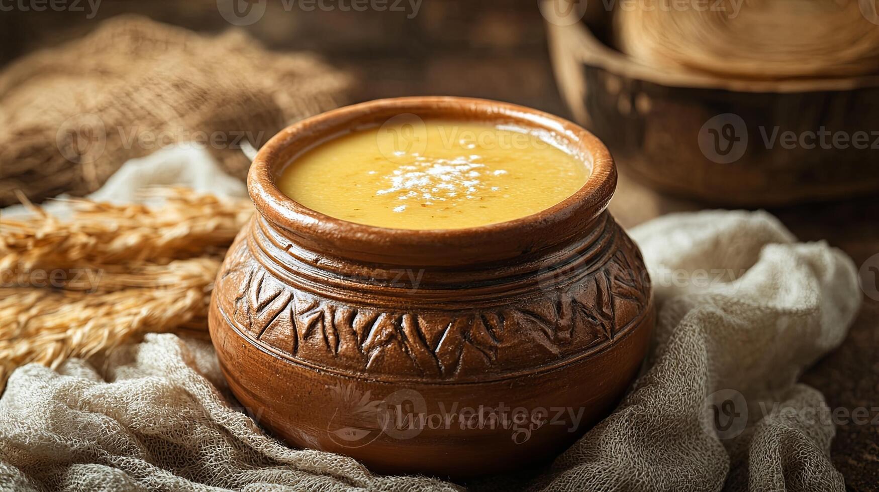 Traditional Soan Papdi in Clay Pot on Linen Surface photo