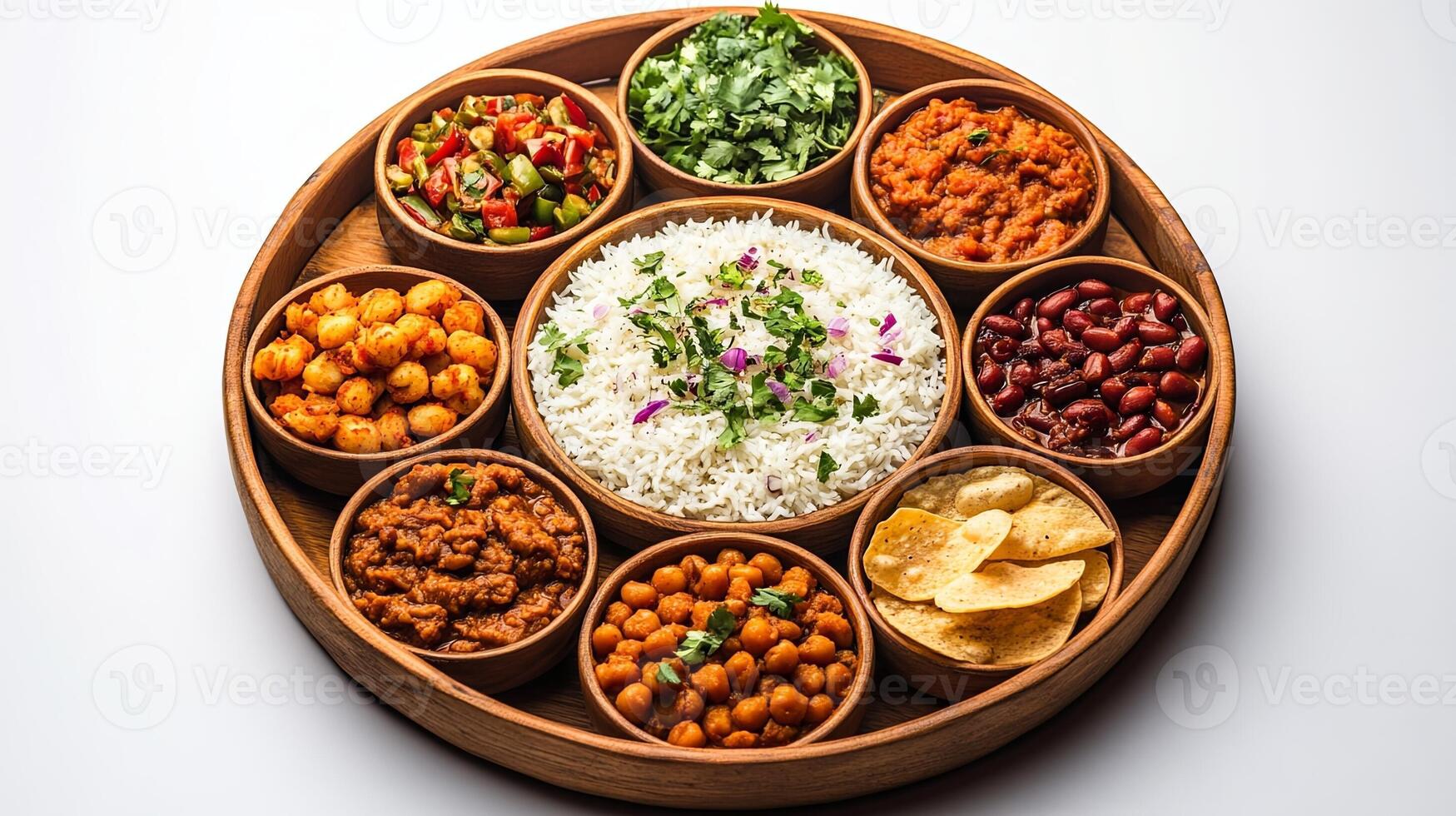 Traditional Indian Thali with Rajma Chawal on Wooden Plate photo