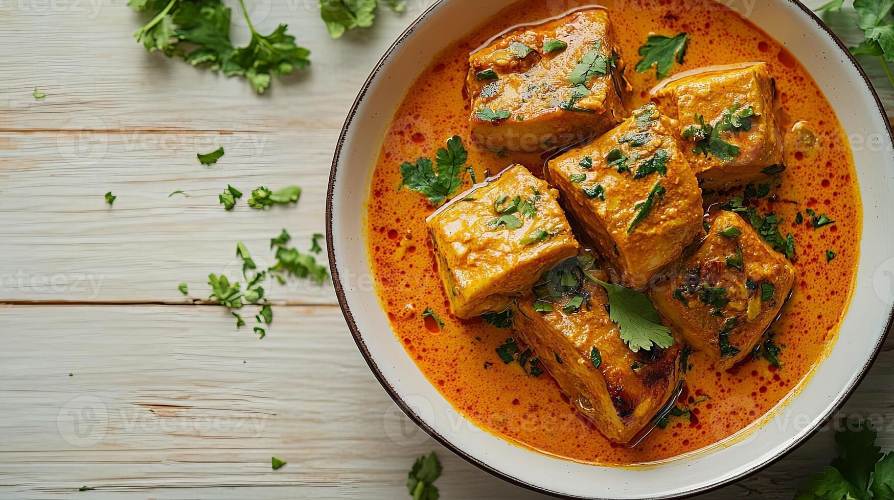 Tofu and Garnished Curry in White Ceramic Bowl photo