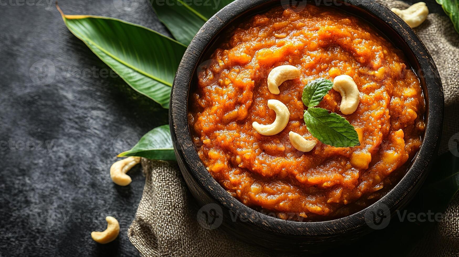 Gajar Halwa Served on Banana Leaf with Nuts on Linen Surface photo