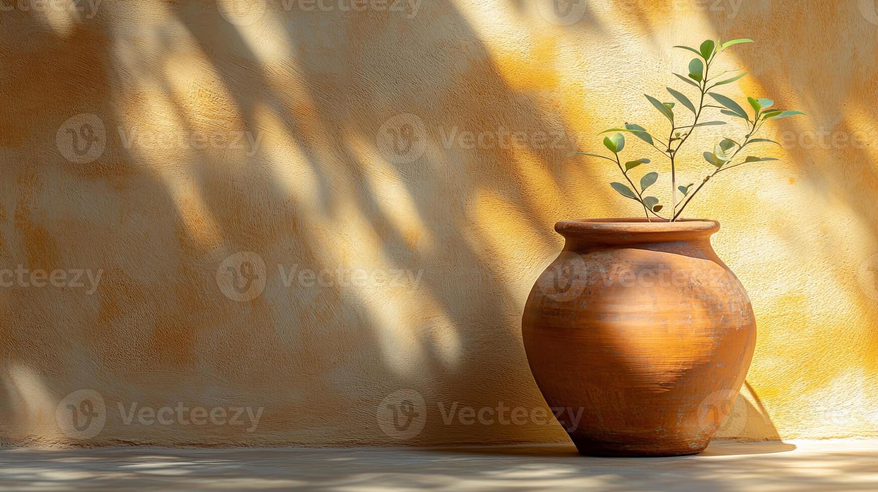 Rustic Clay Pot with Green Plant and Warm Shadows photo