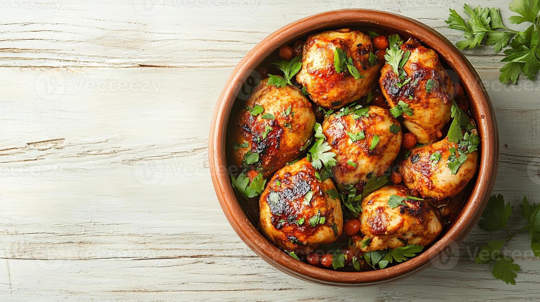 Tandoori Chicken in Clay Pot on Wooden Table with Parsley Garnish photo