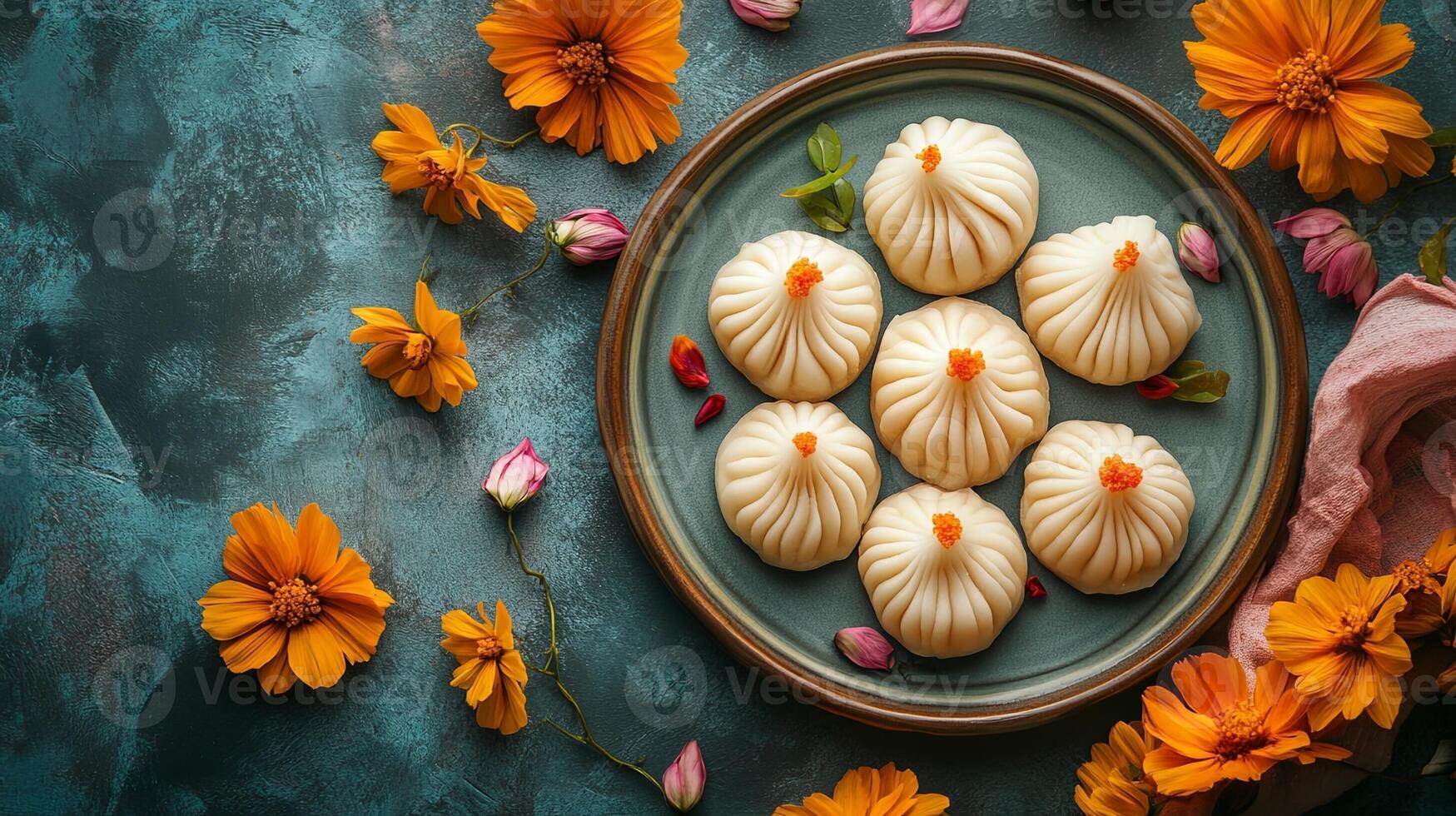 Elegant Thali Arrangement with Modak and Flowers Under Soft Daylight photo