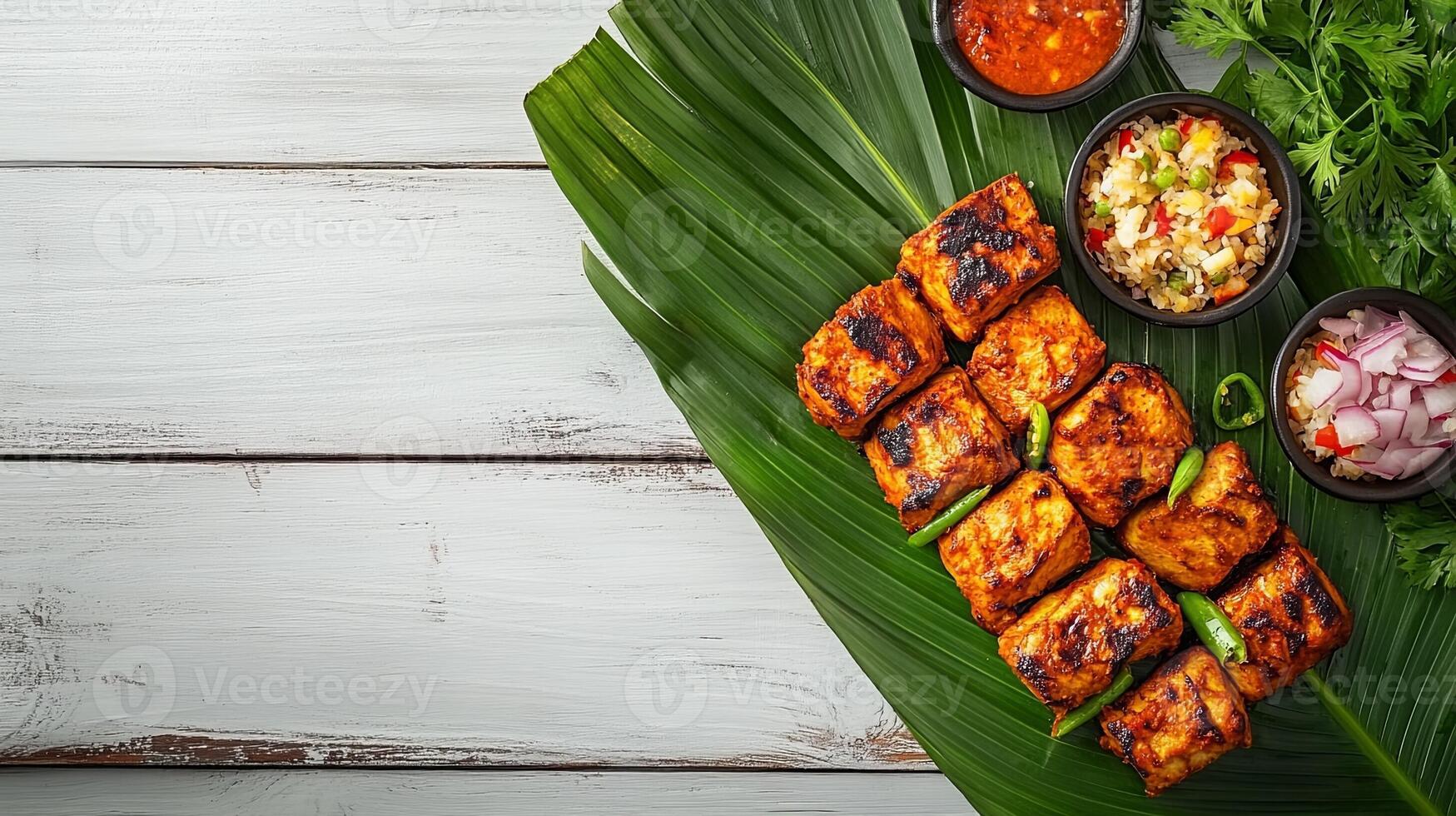 Traditional Rogan Josh Served on Banana Leaf on White Wooden Table photo