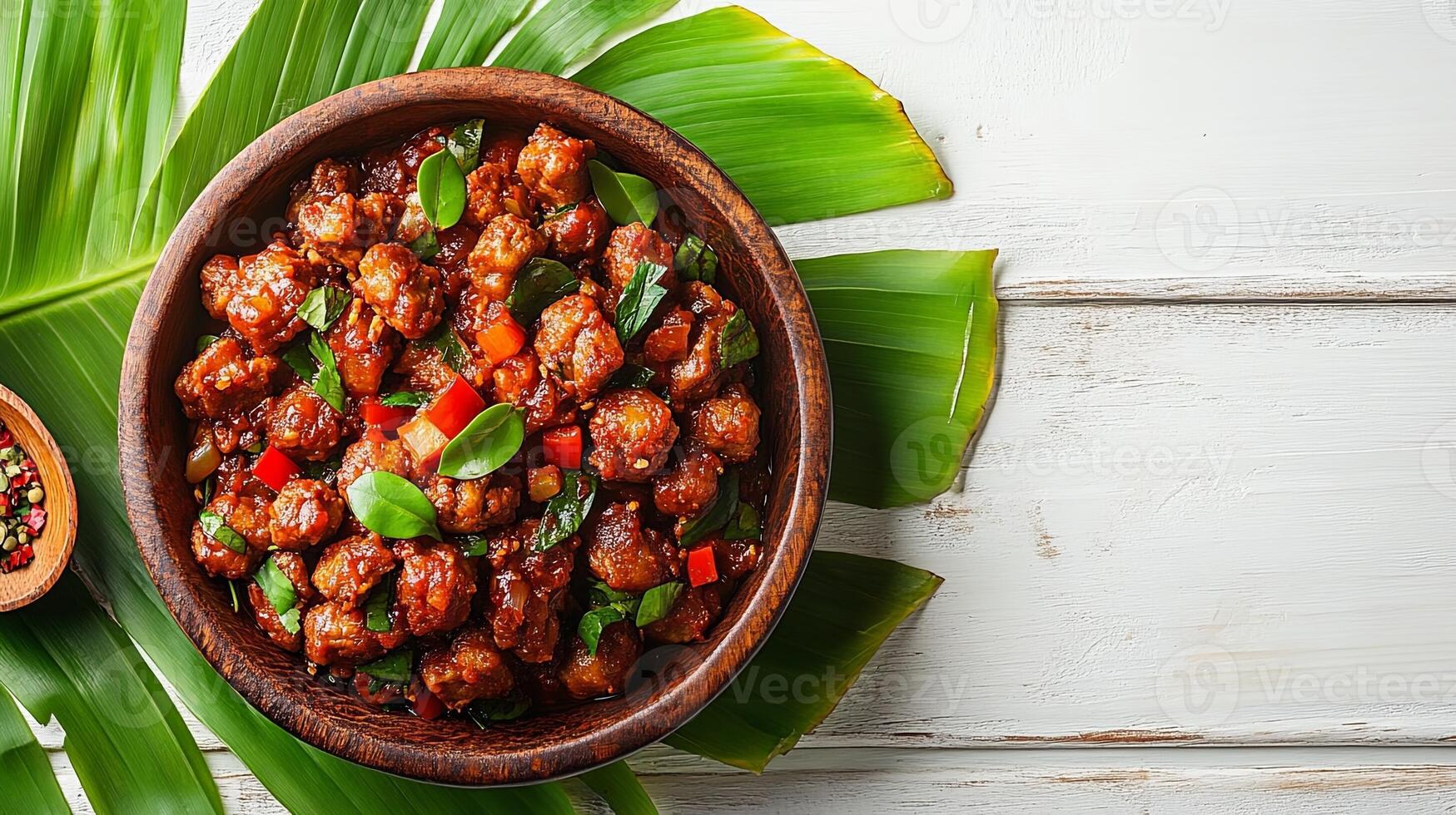 Authentic Rogan Josh Served on Banana Leaf on White Table photo