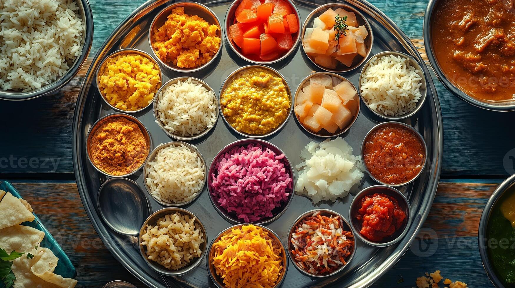 Delicious Thali with Assorted Rice and Gajar Halwa in Soft Daylight photo