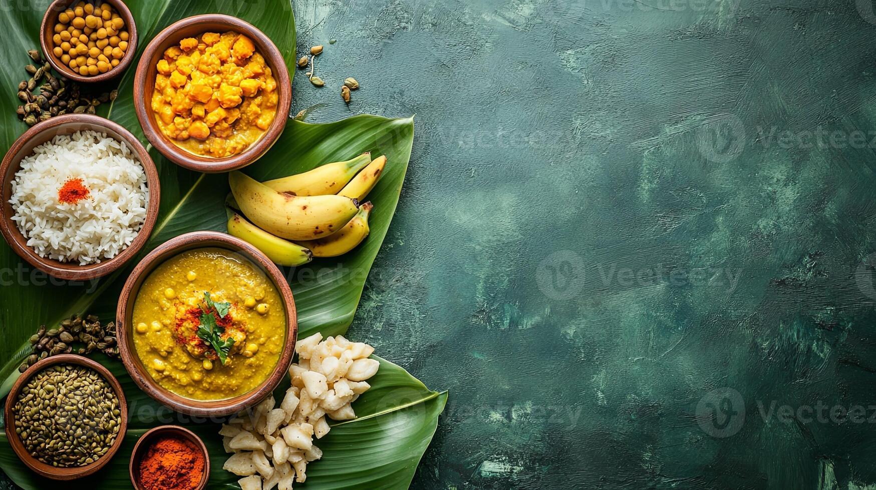 Traditional Indian Cuisine Served on a Banana Leaf photo