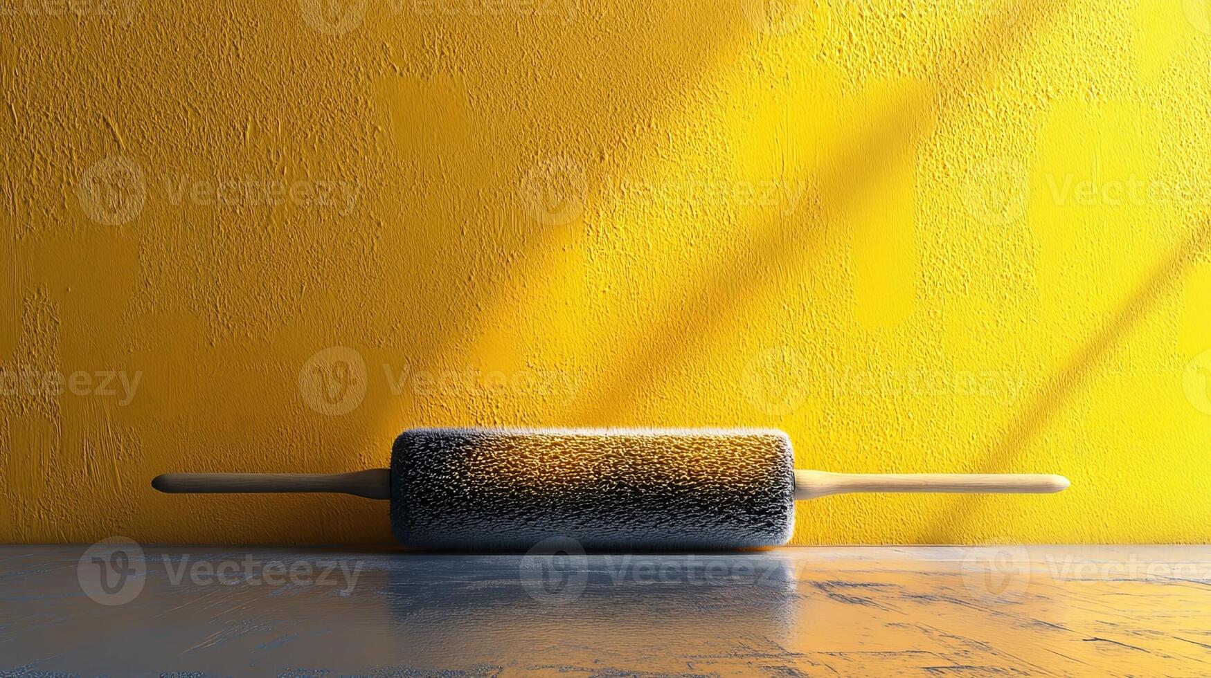 Paint Roller on Table Against Yellow Wall Background photo