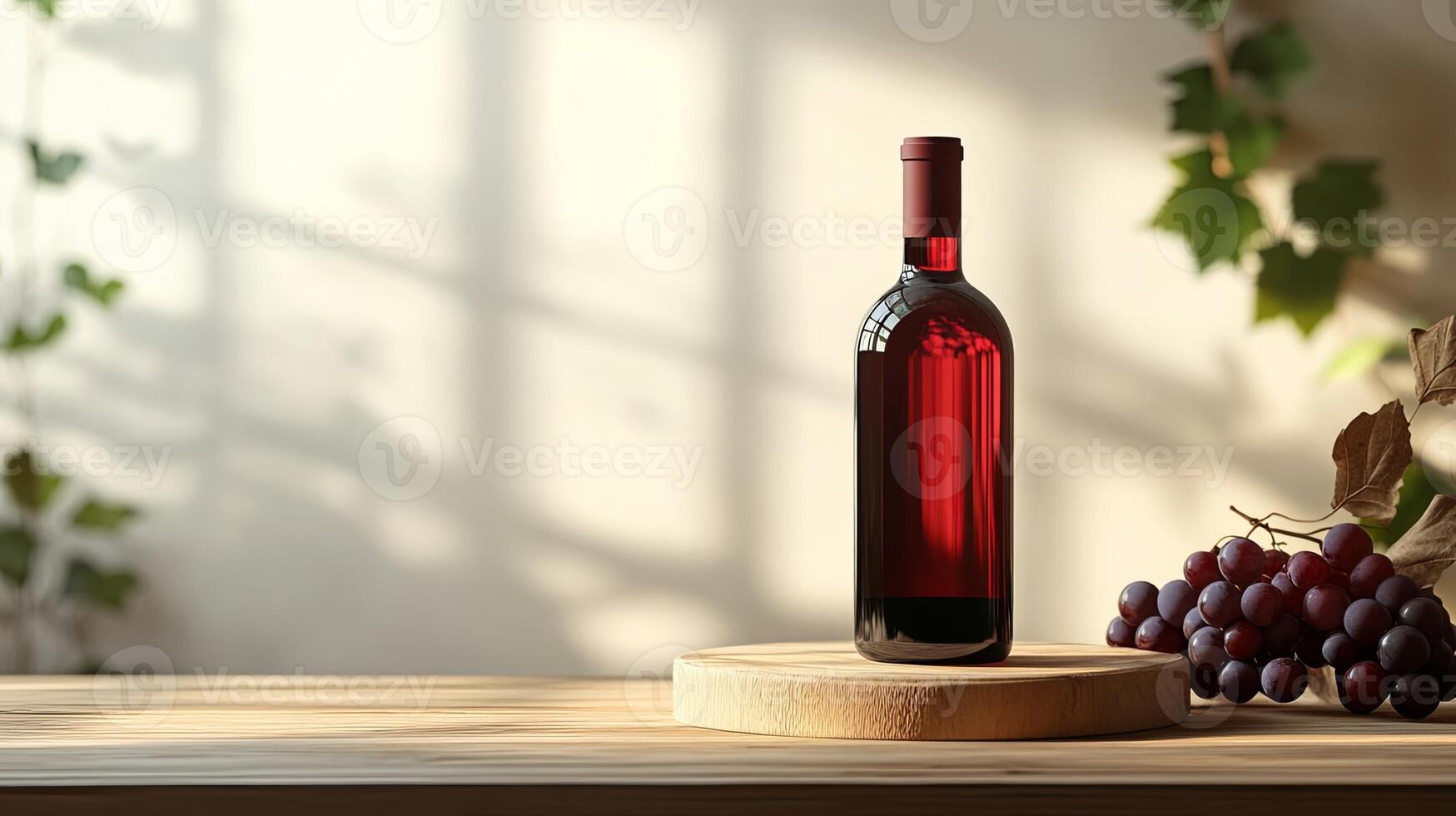 A bottle of red wine sits on a table next to grapes photo