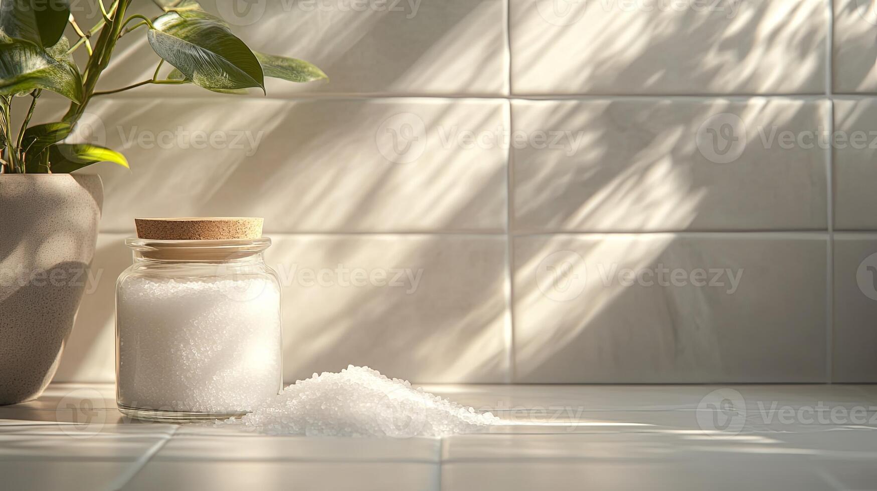 A jar of salt next to a plant on a tiled floor photo