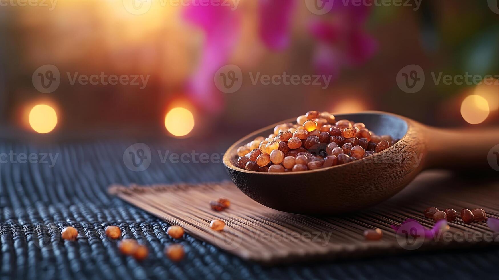 Wooden Bowl of Red Beans on Linen Textured Mat photo