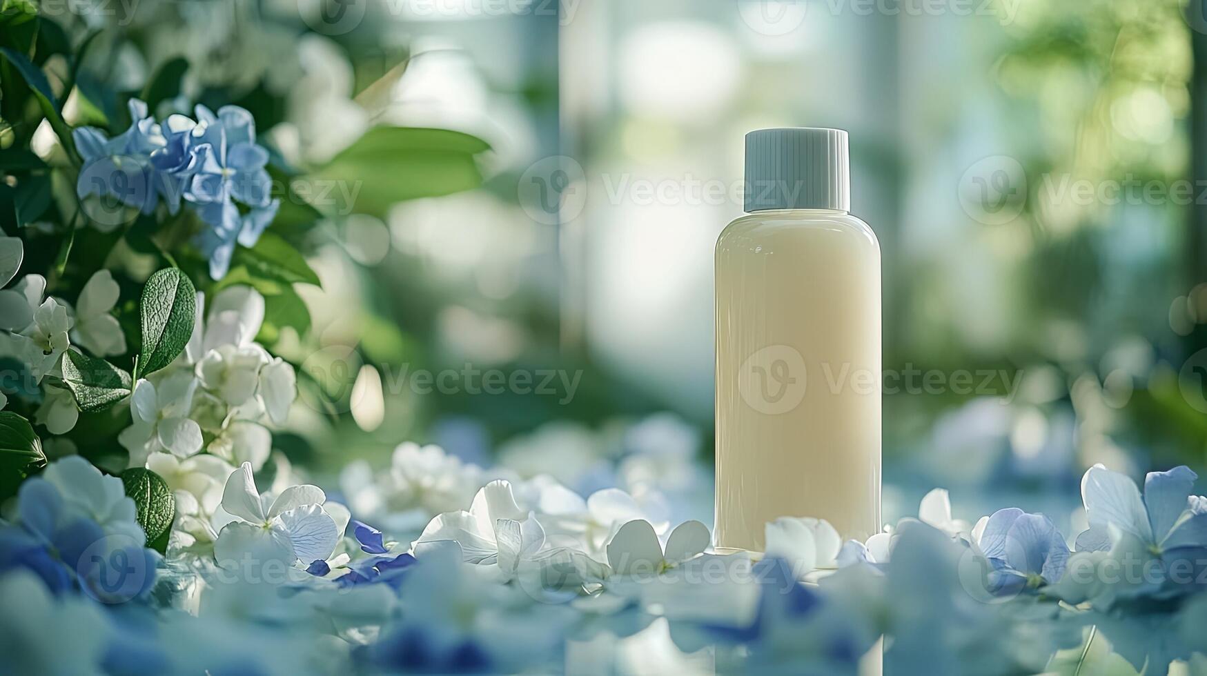 Elegant Bottle of Lotion Nestled Among Delicate Flower Petals photo