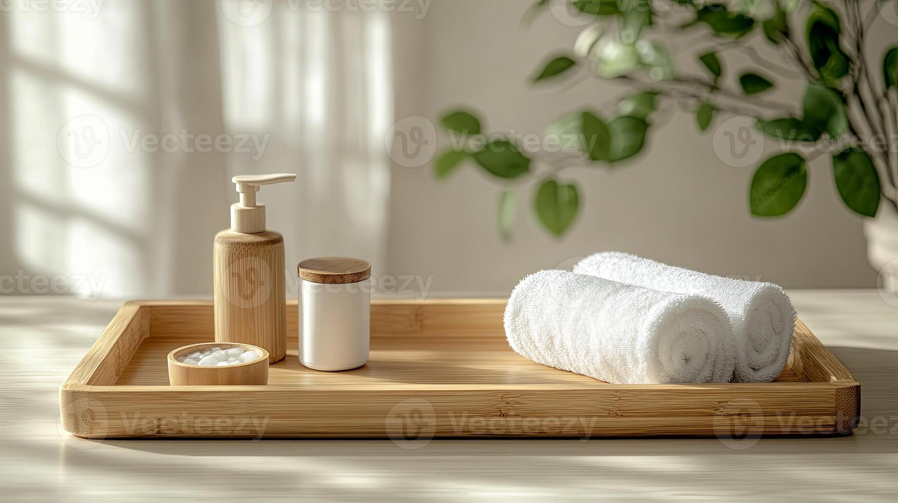 Elegant Spa Essentials on a Bamboo Tray with White Towel and Soap Bottle photo