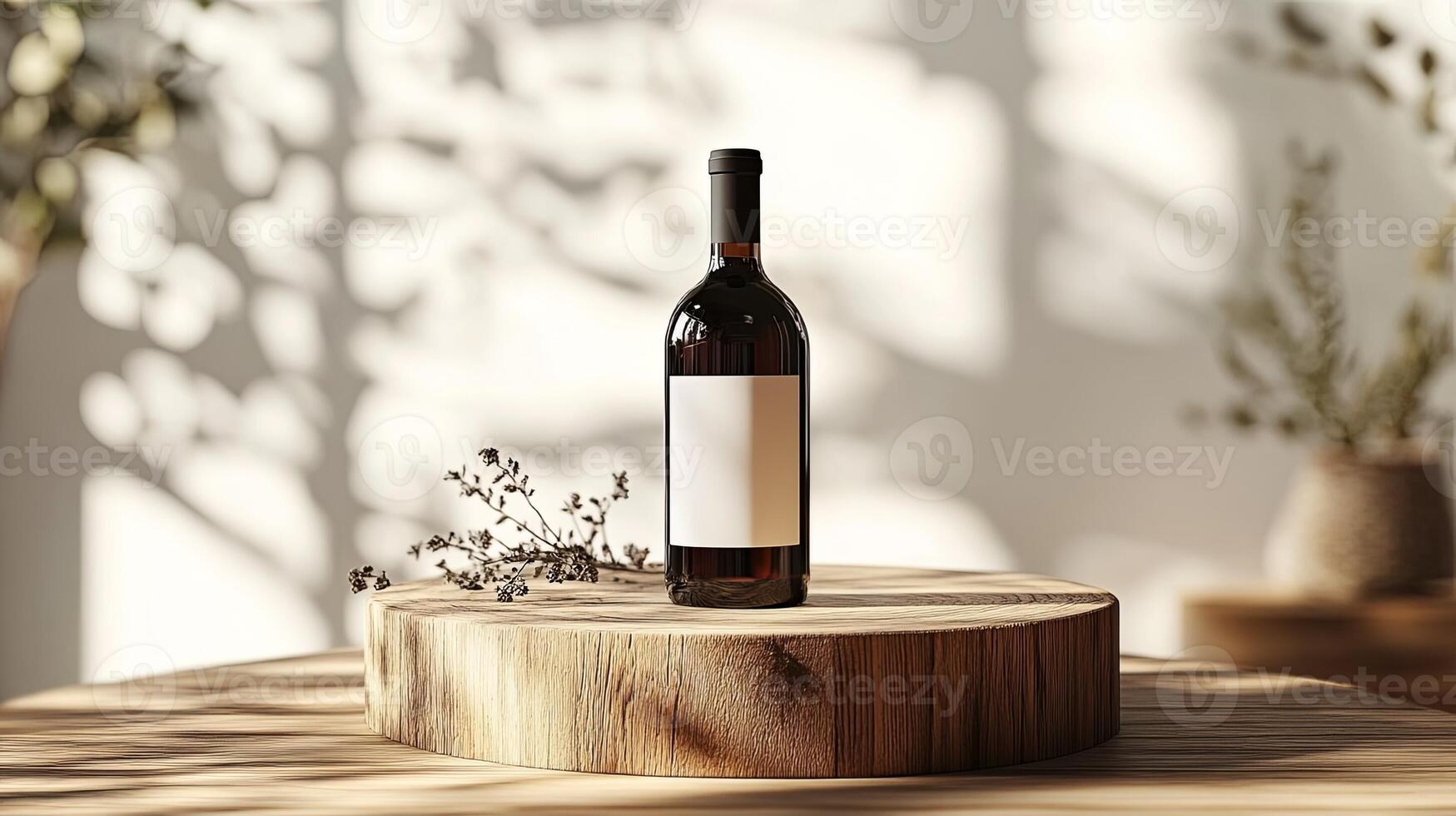 Elegant Wine Bottle Displayed on Rustic Wooden Table with Soft Shadows photo