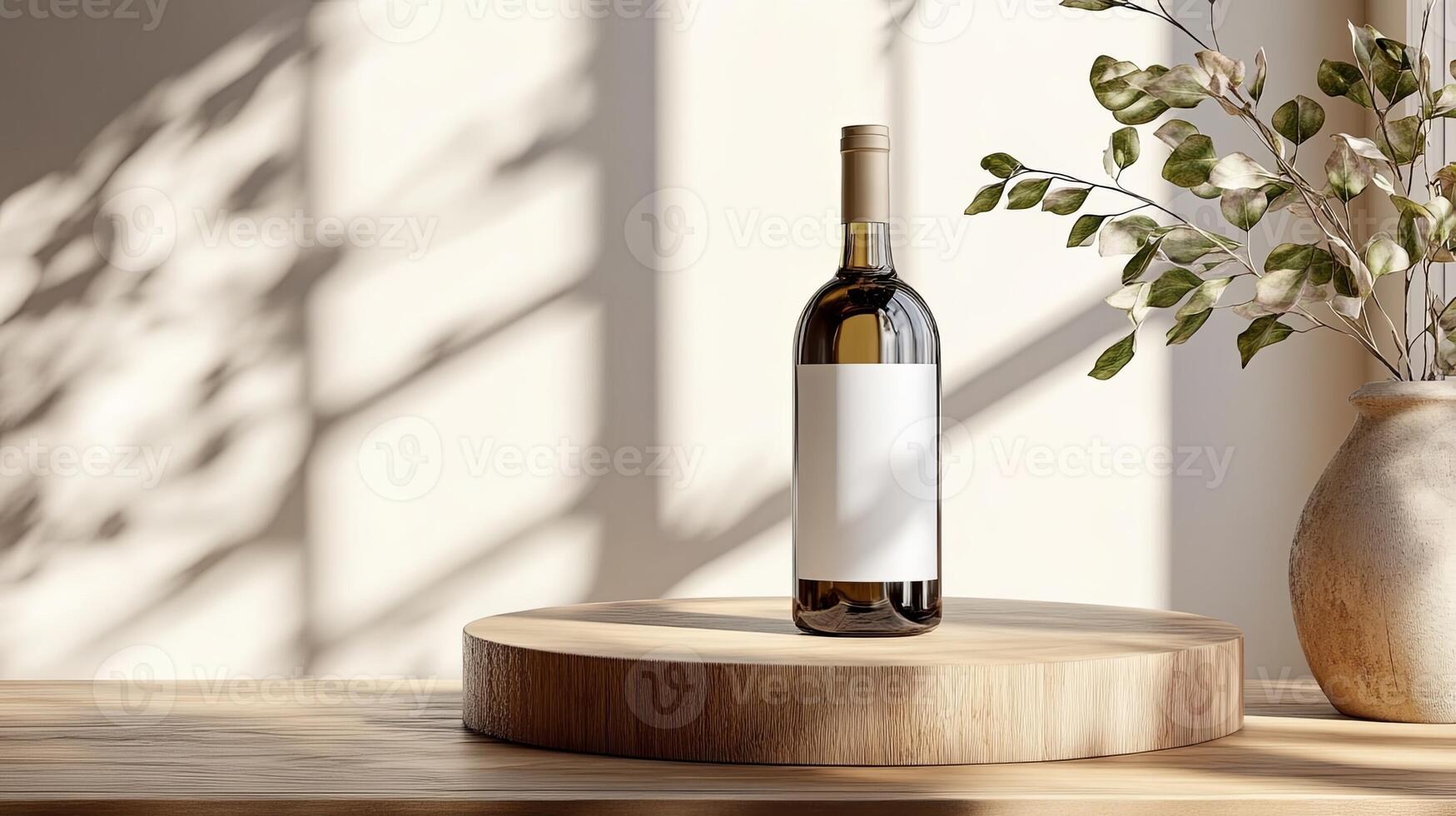 Elegant Wine Bottle Displayed on Rustic Wooden Table photo