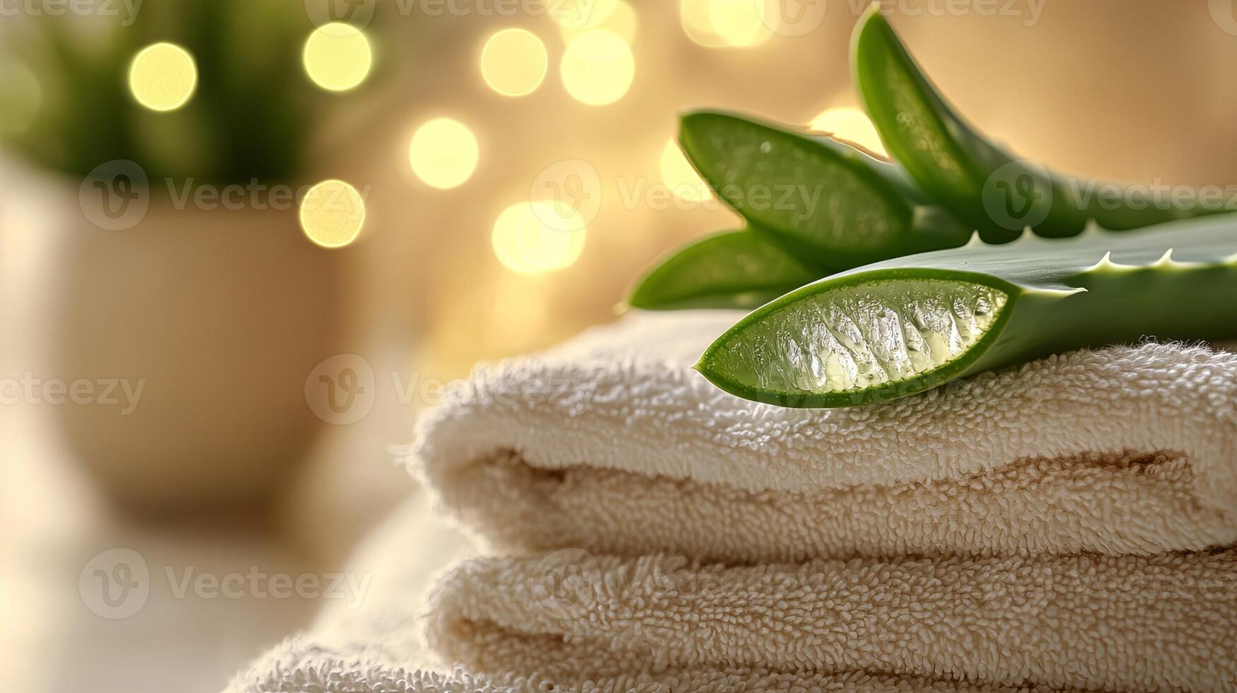 Aloe Vera Leaf on Soft Beige Towels - Tranquil Spa Scene photo