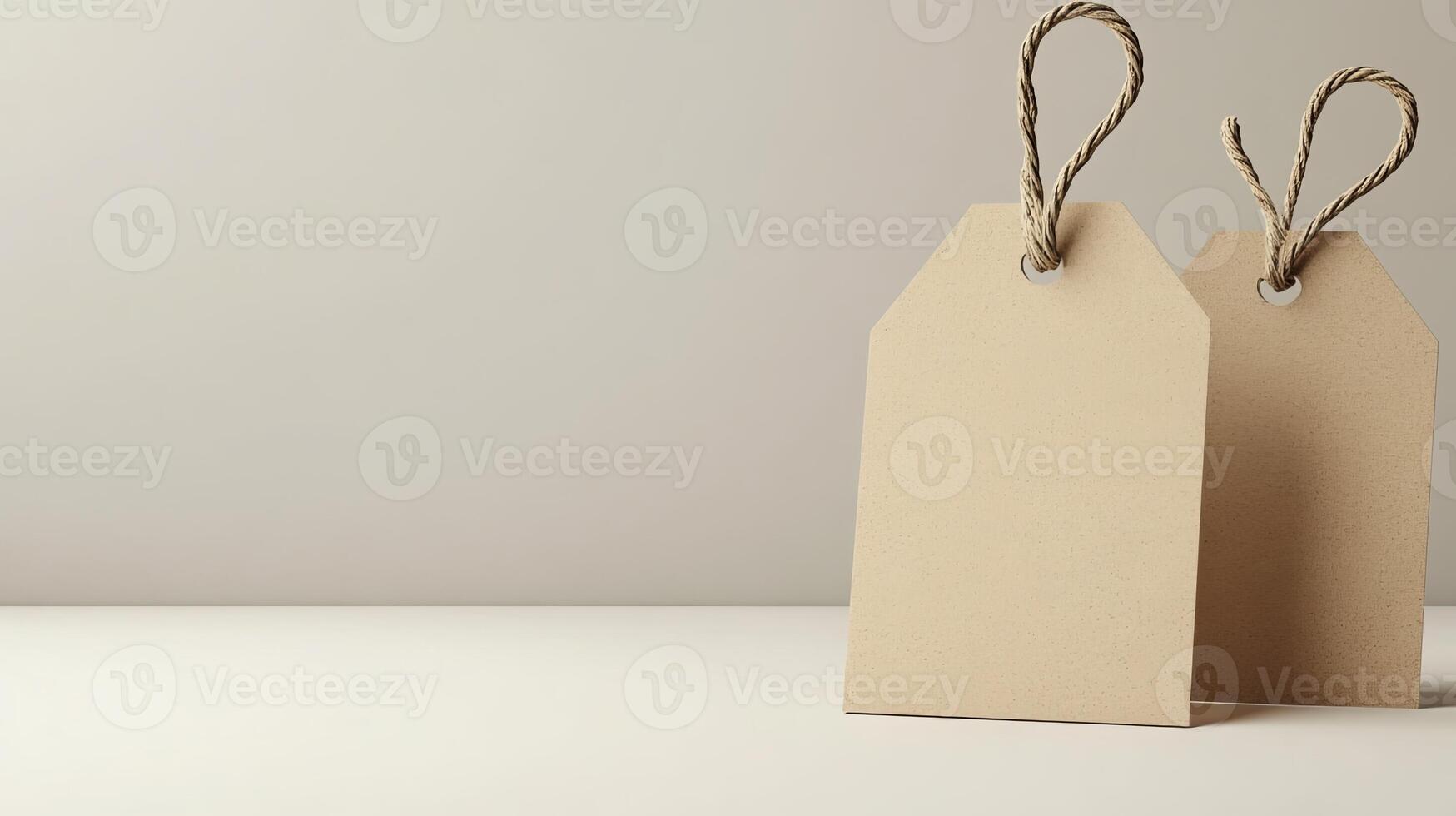 Two brown paper tags hanging from string on a white surface photo