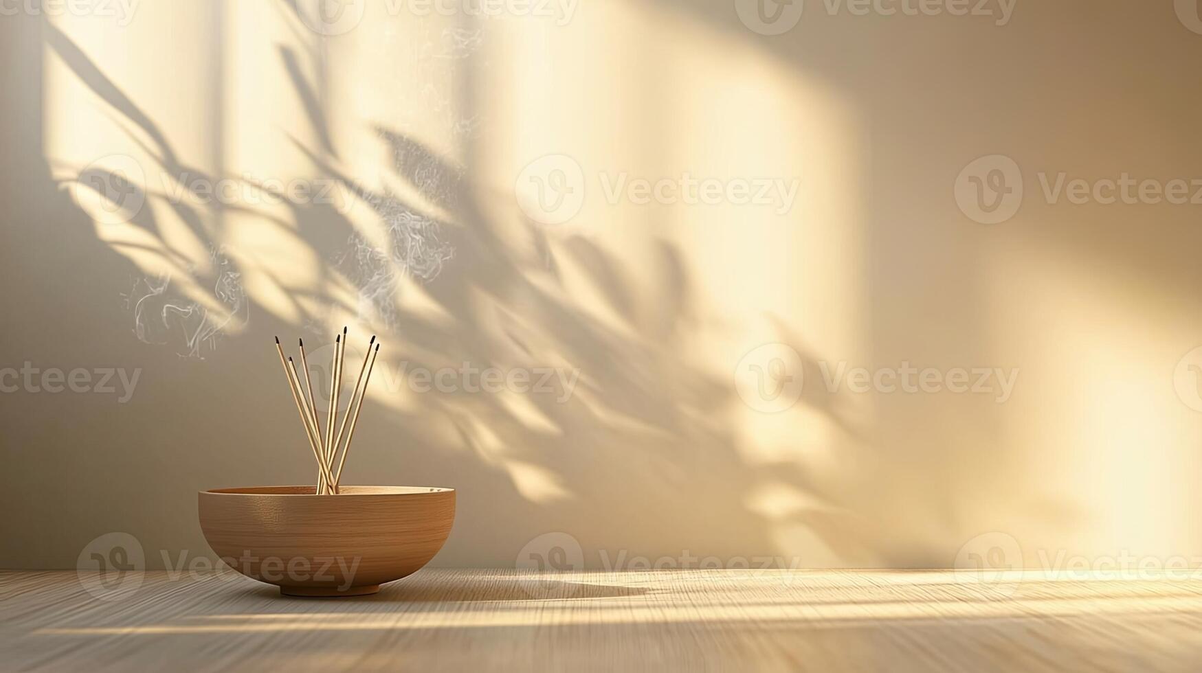 An incense stick in a bowl on a wooden table photo