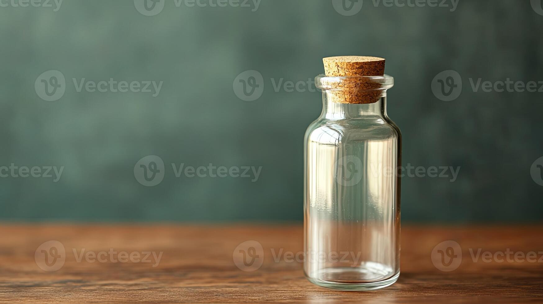 A small glass bottle with cork on top of a wooden table photo
