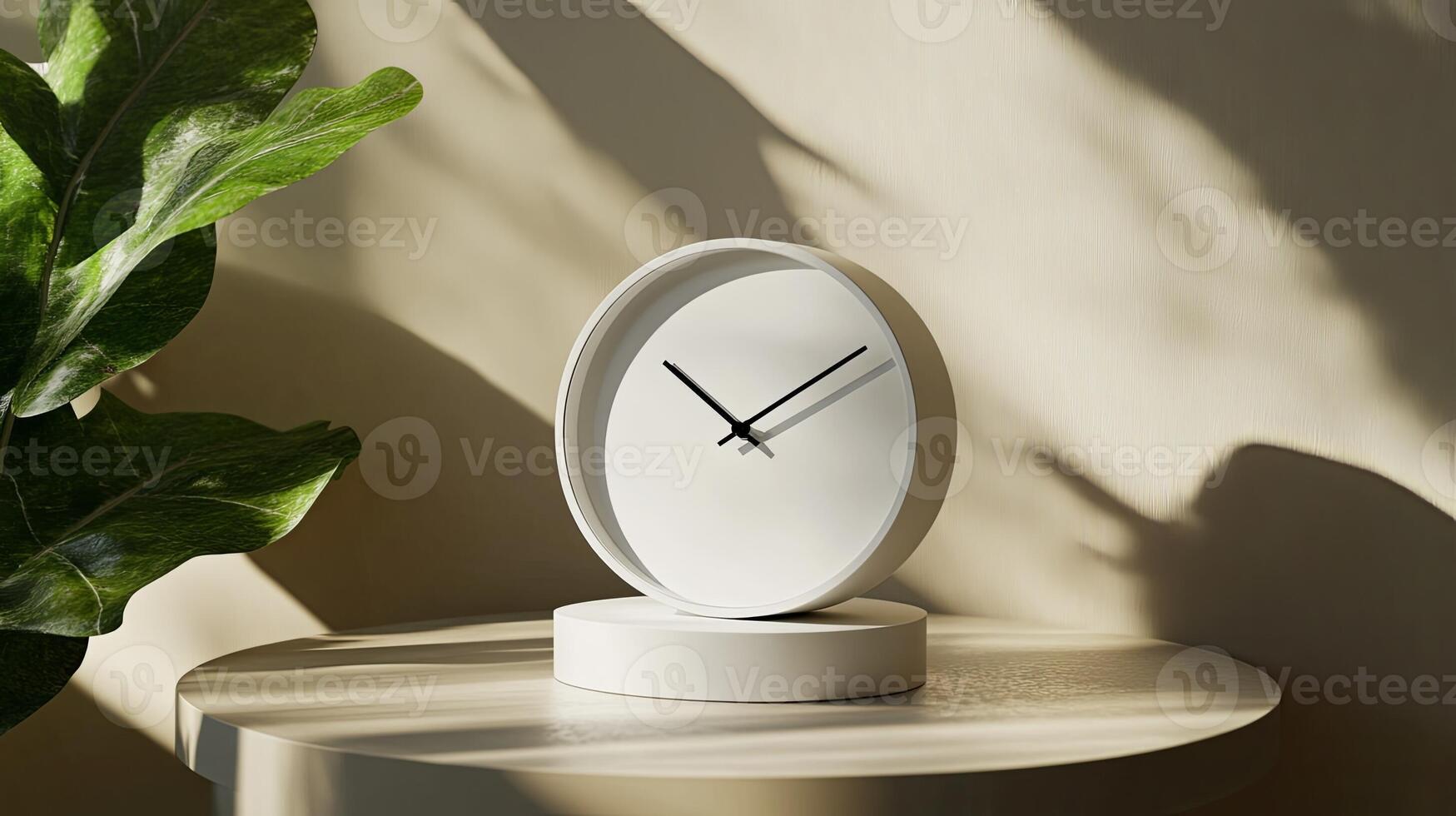 A white clock on a table next to a plant photo