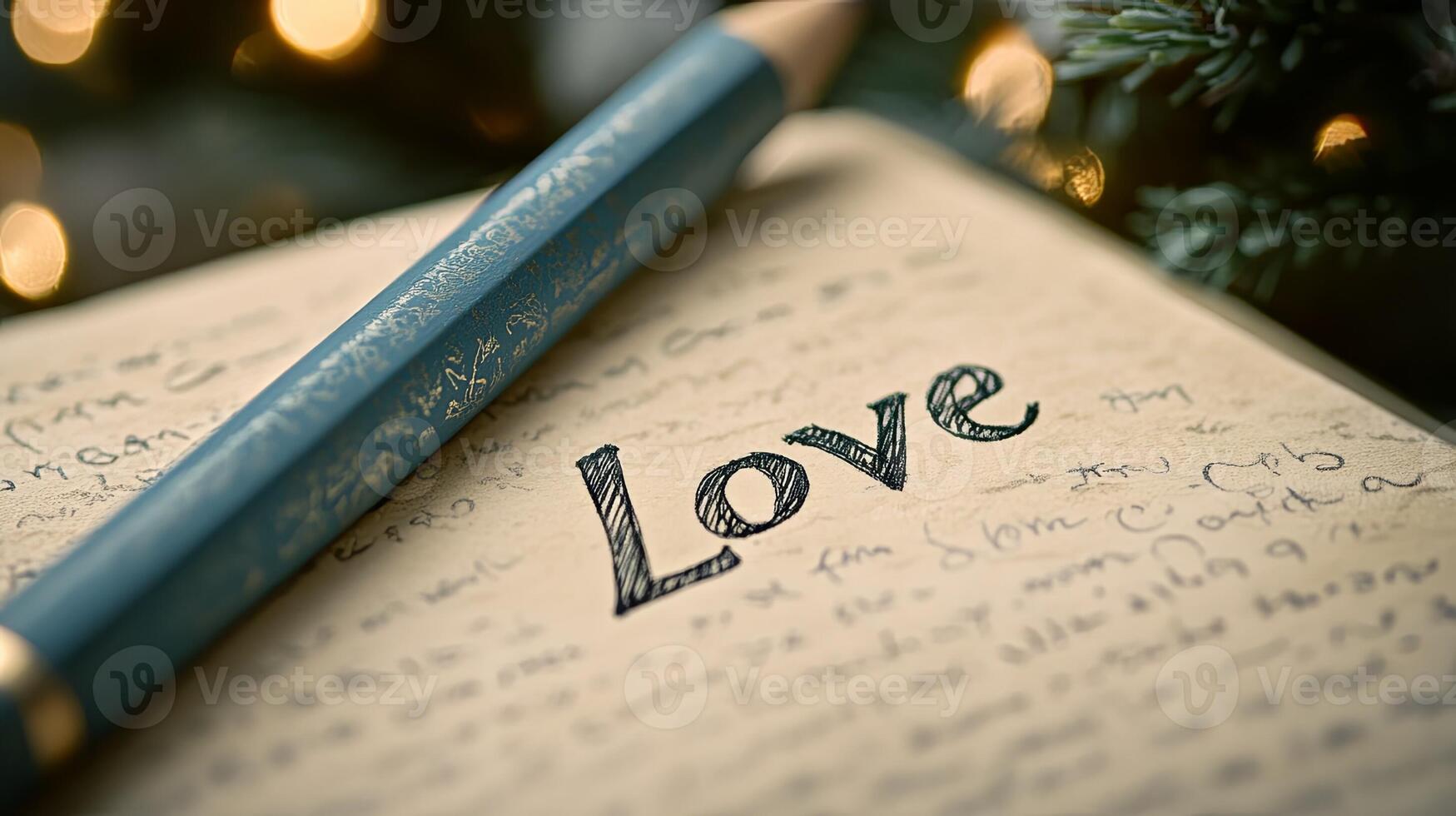 Love is written on a notebook with a pen photo