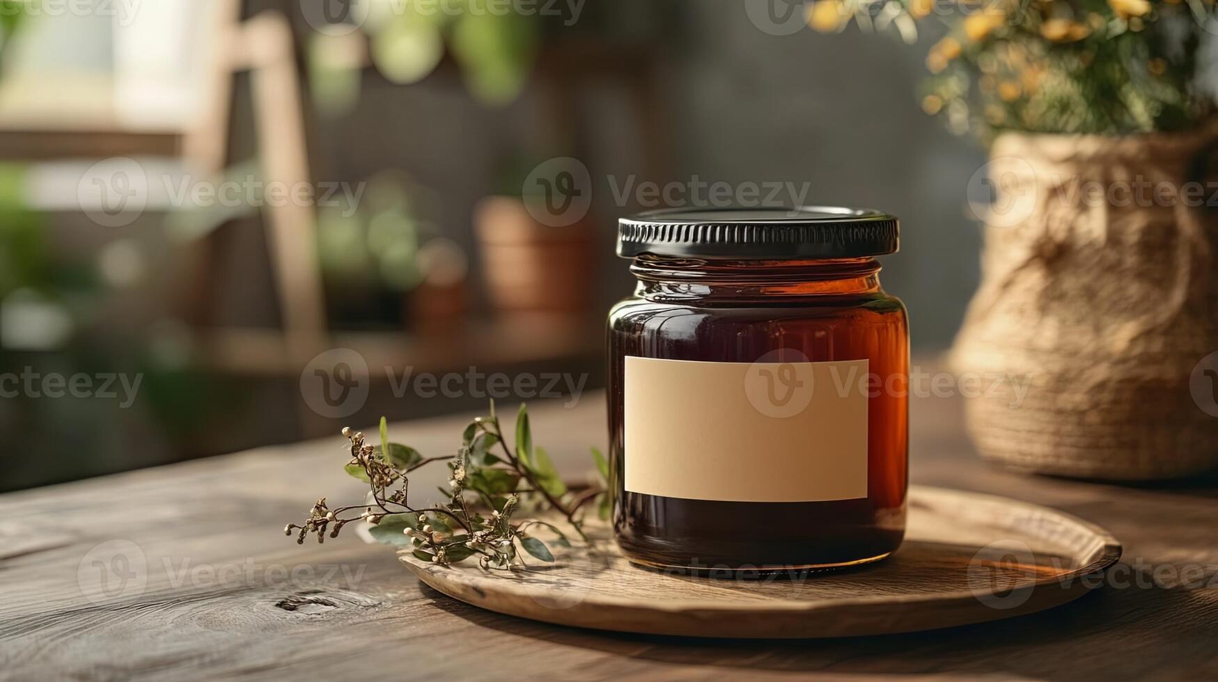 Honey jar on wooden table with flowers and herbs photo