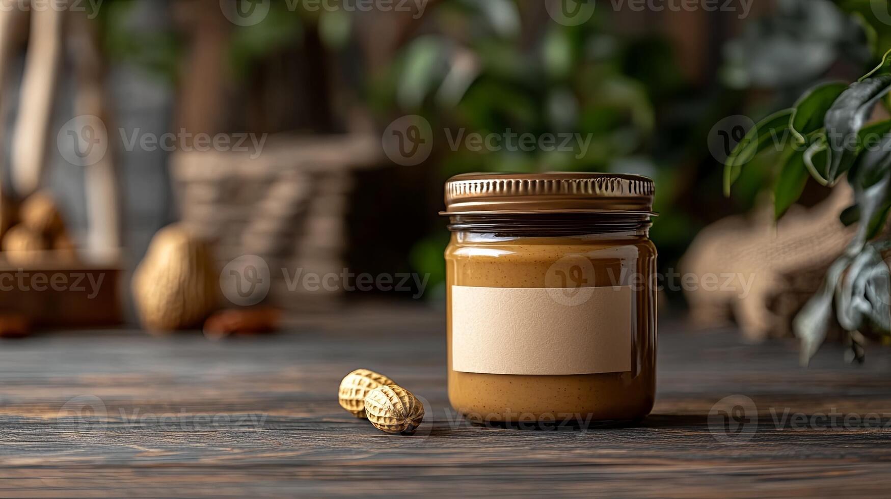 Peanut butter jar mockup on wooden table photo