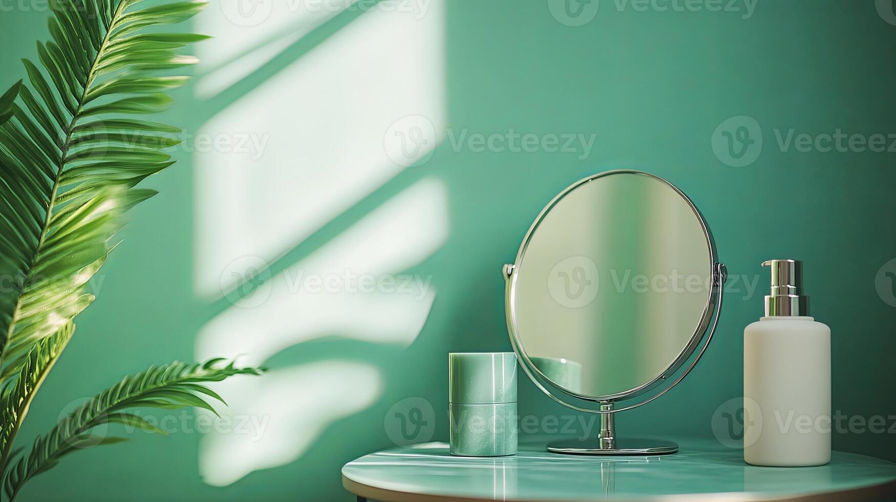 Reflective mirror and lotion bottle on table photo