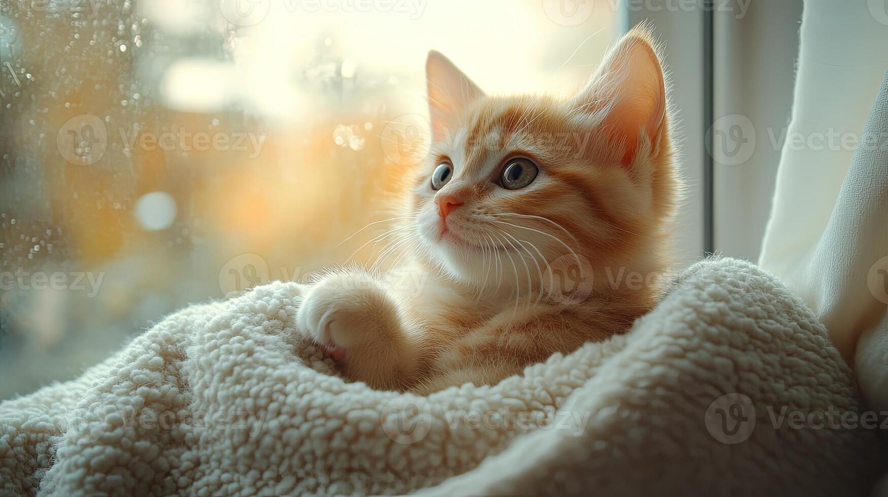 A kitten sitting on a blanket looking out the window photo