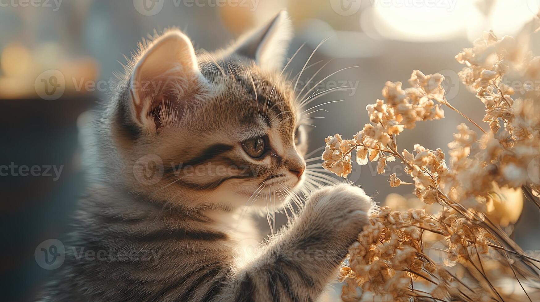 Cute Kitten Gazing at Green Plant photo
