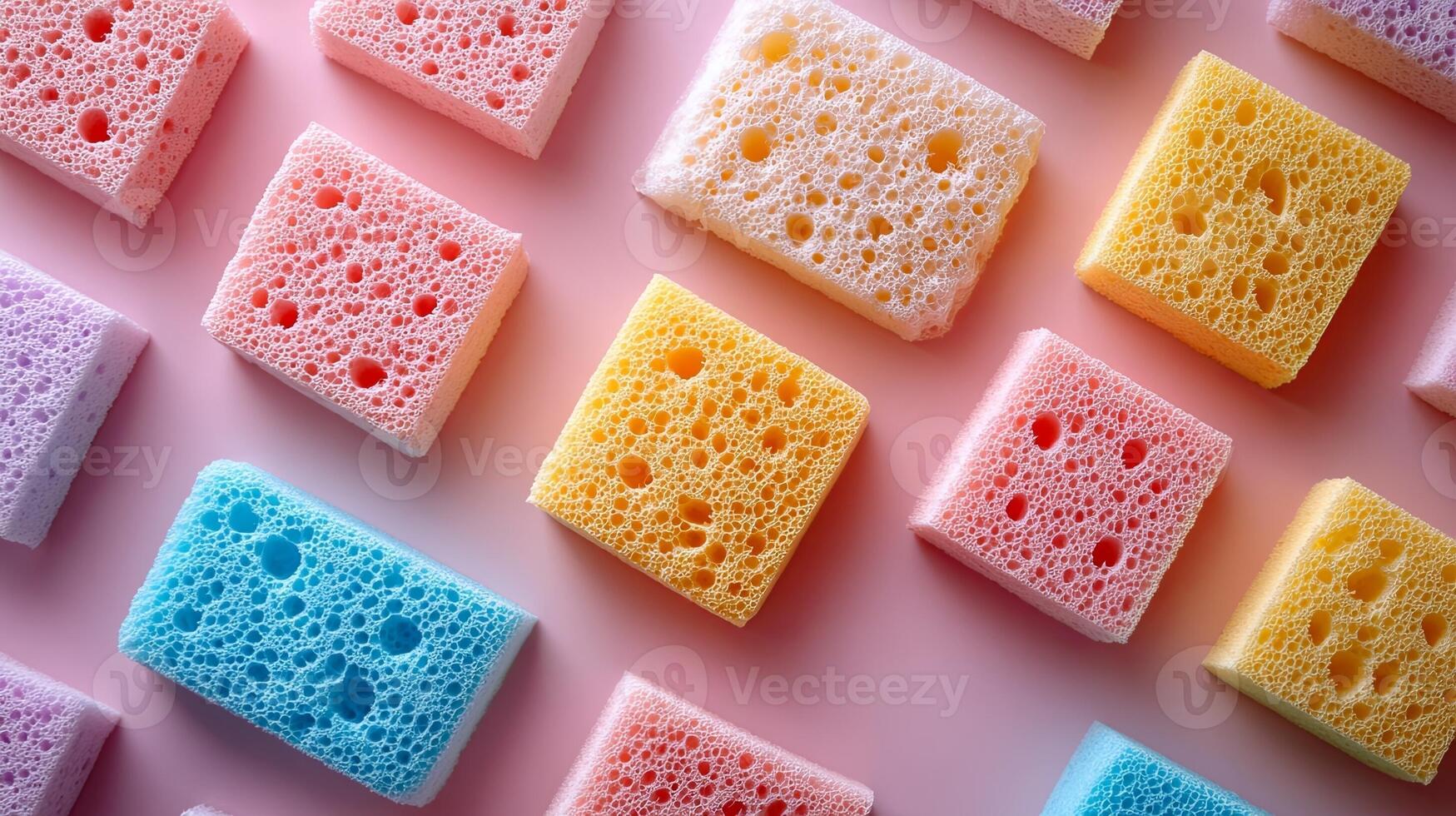 Colorful sponges on vibrant pink background for creative projects photo